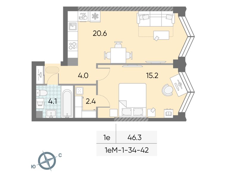 Планировка 1-комнатной евроквартиры 46,3 м² в доме «СПАРК» (ЗИЛАРТ): дом 21, 34-й этаж