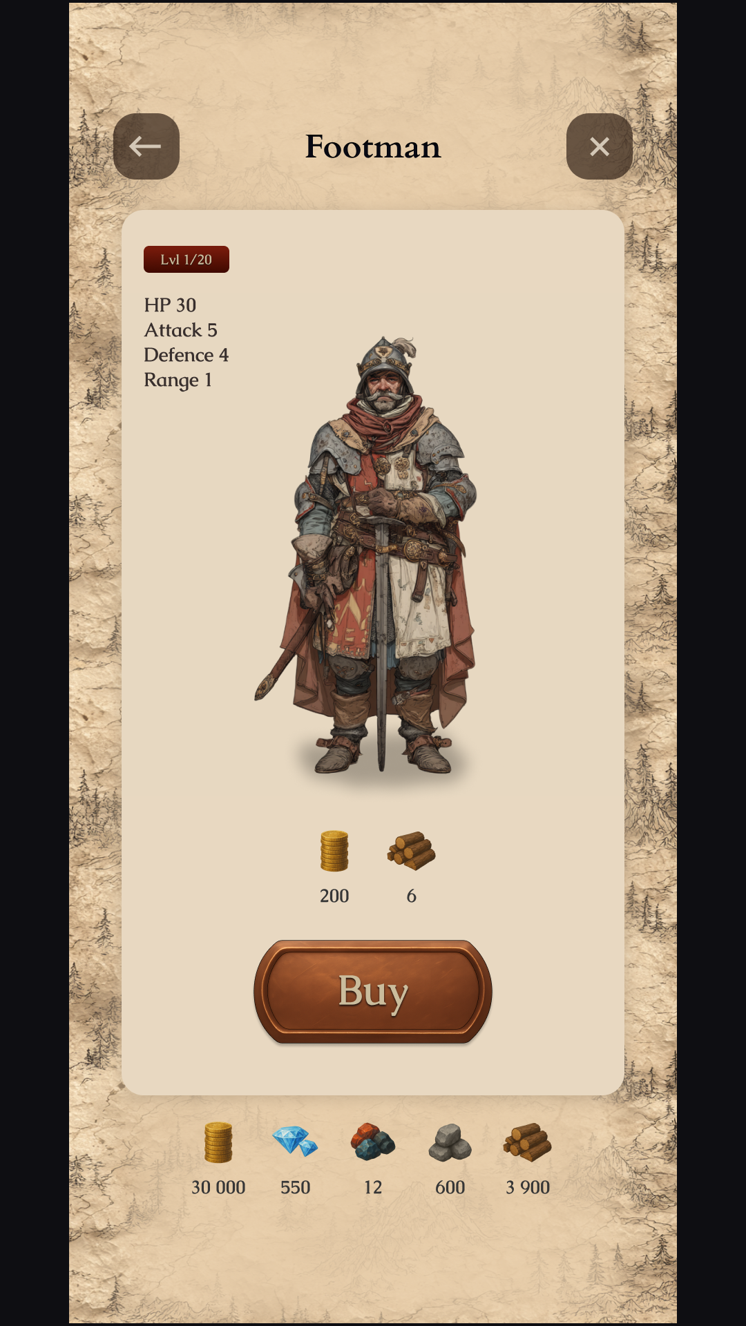 Crownfall Footman unit card with stats and recruitment cost