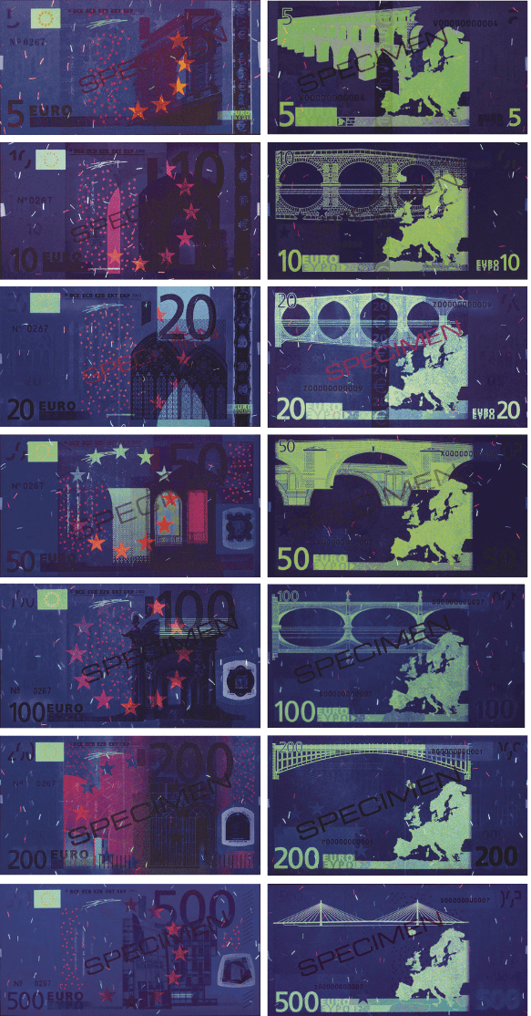 Какие фрагменты рисунка обратной стороны евро не люминесцируют в ультрафиолетовых лучах банкноты