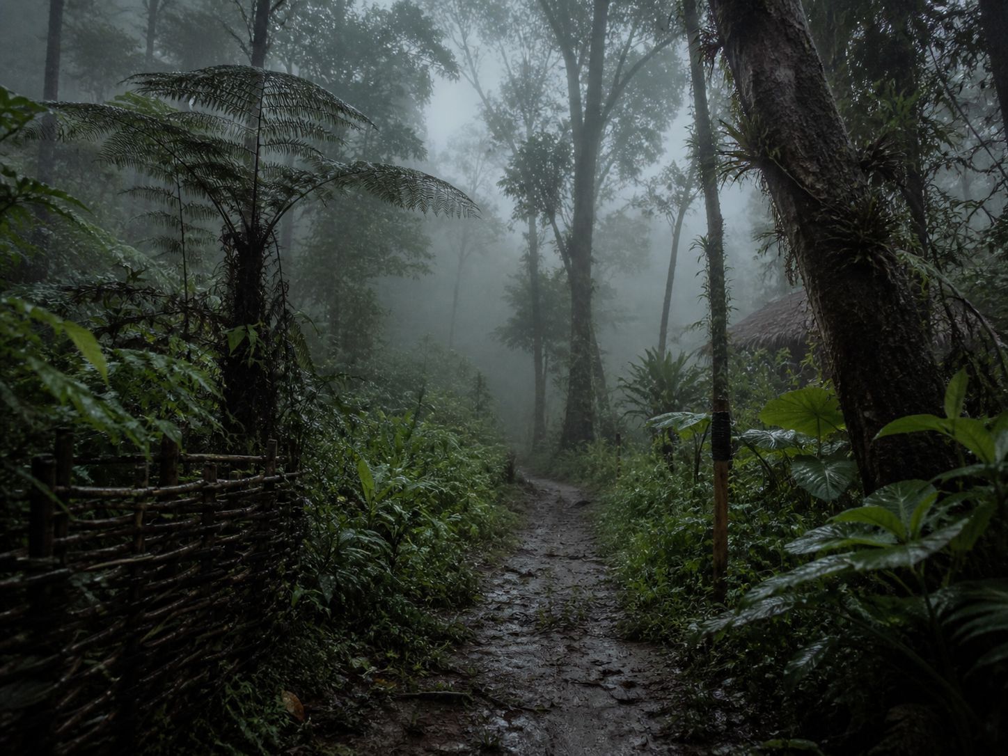 Hutan Papua berkabut dengan suasana legenda seram