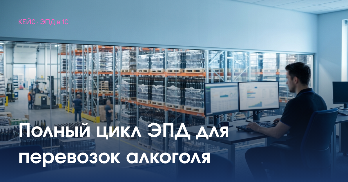 Логист управляет отгрузками у склада алкогольной дистрибуции с паллетами бутылок — полный цикл ЭПД в 1С с передачей данных в ЕГАИС