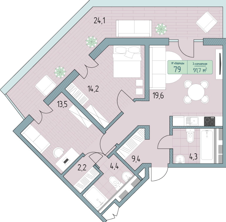 Планировка 3-комнатная 91,7 м²