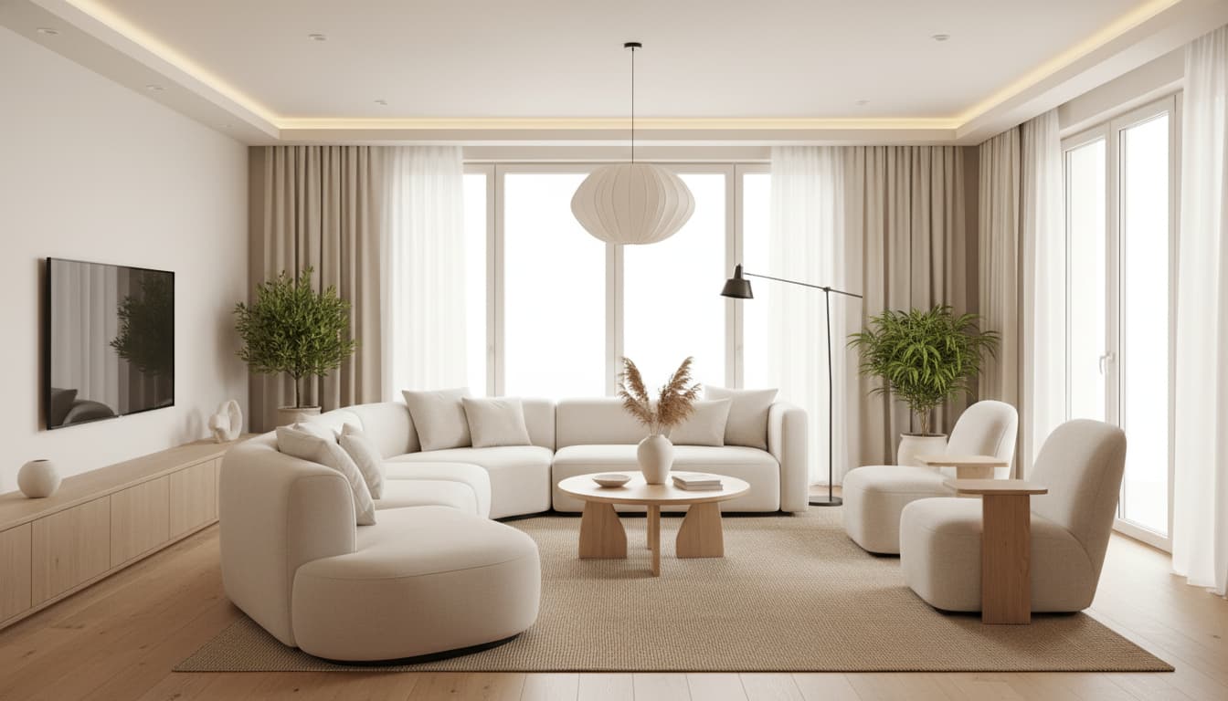 Светлая и гармоничная гостиная в современном стиле с продуманным освещением и эргономичной мебелью