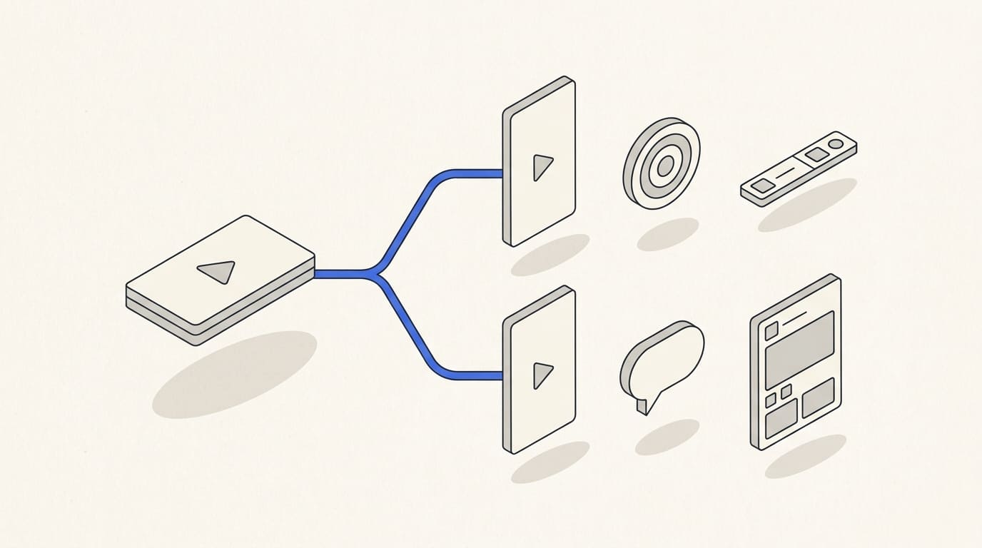 A source video branches into an ad version with an action and a post with a conversation bubble.