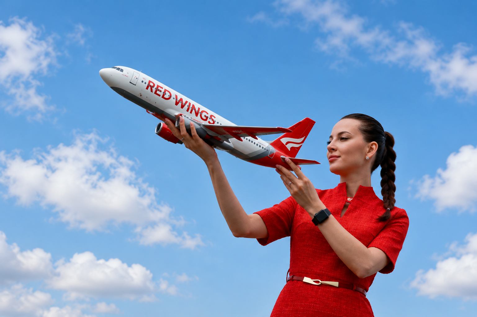 Современный самолёт Red Wings на перроне аэропорта как рекламная платформа