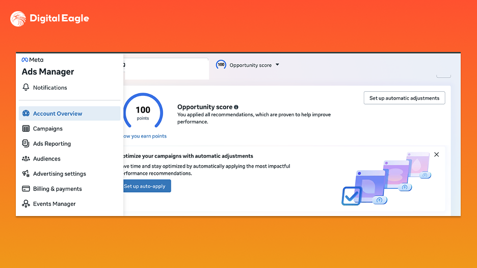 Meta Ads Manager Account Overview showing account recommendations and opportunity score