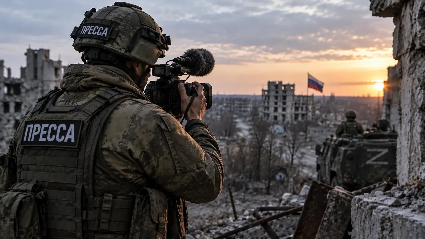 Военный корреспондент по контракту с фото- и видеокамерой