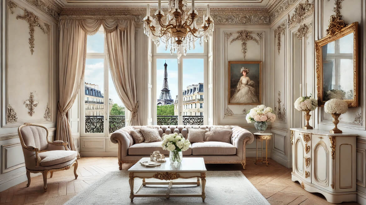 Элегантная гостиная с винтажной мебелью, большим окном, через которое видно парижскую улицу и Эйфелеву башню.
