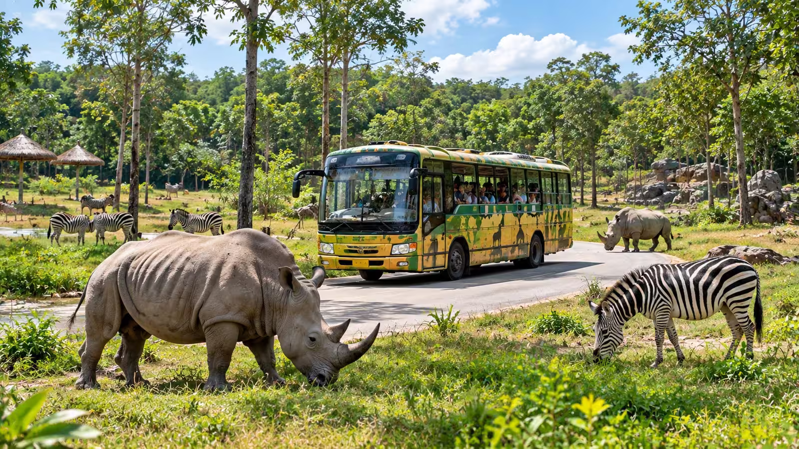 Сафари-автобус среди животных в Vinpearl Safari Phu Quoc