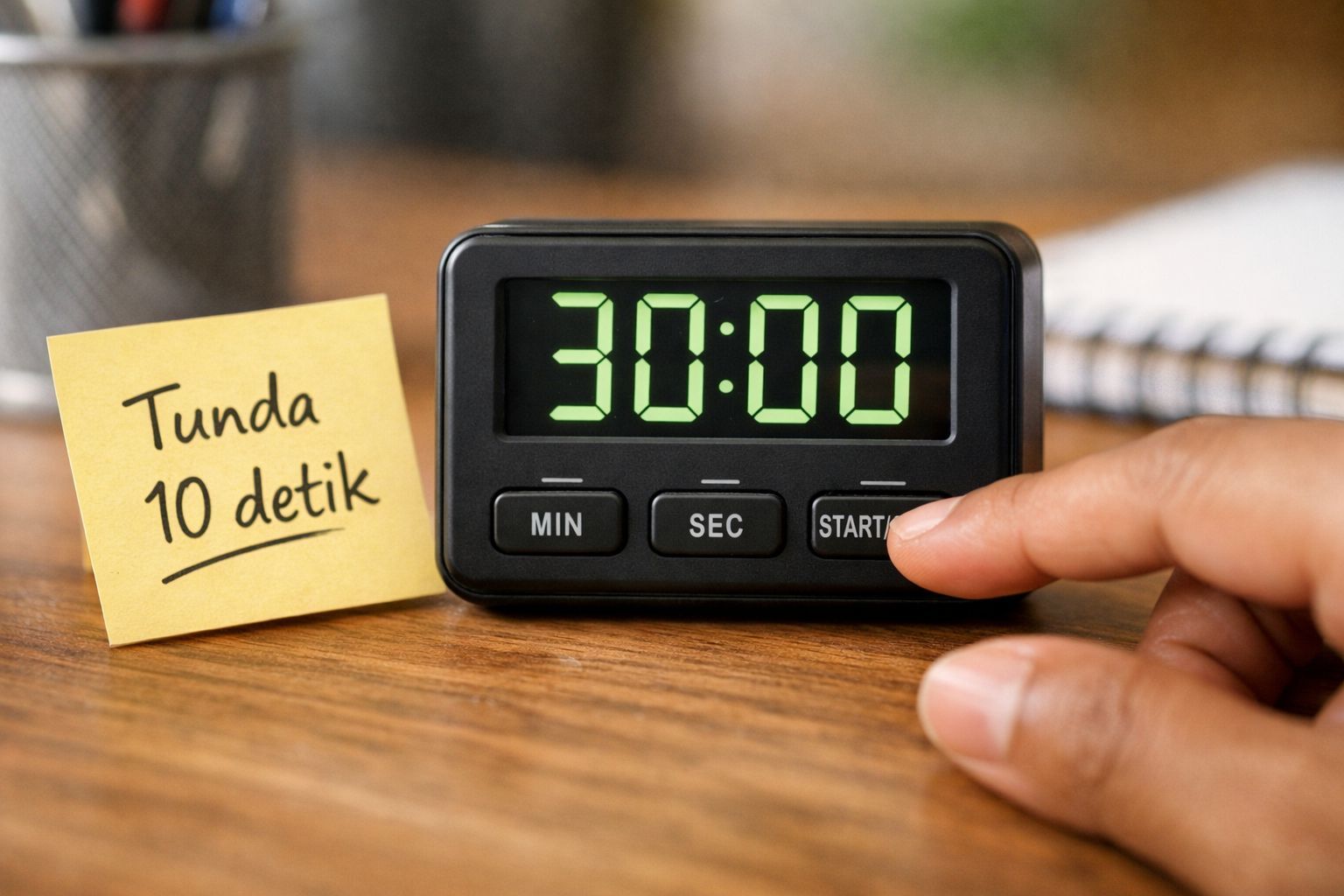 Timer 30 menit dan catatan “Tunda 10 detik” sebagai trik menahan dorongan cek HP saat belajar atau bekerja