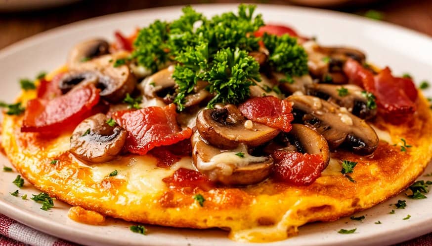 Омлет с грибами, сыром и беконом на сковороде