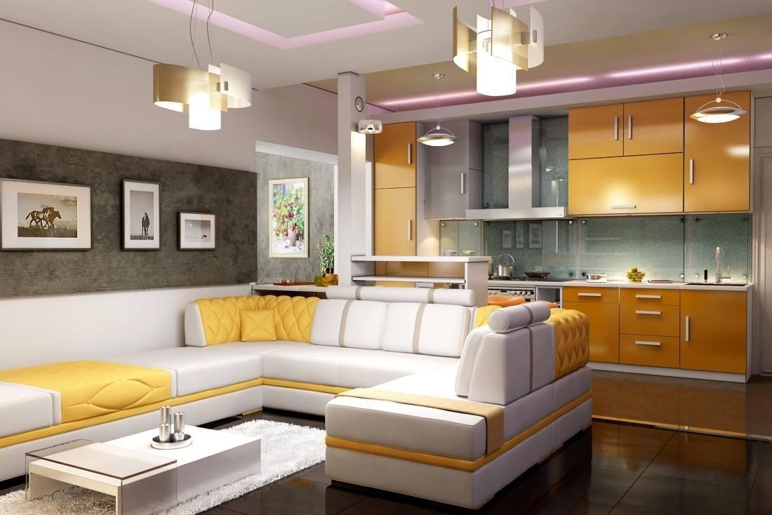 Дизайн интерьера кухни, совмещенной со столовой и гостиной в частном доме с фото