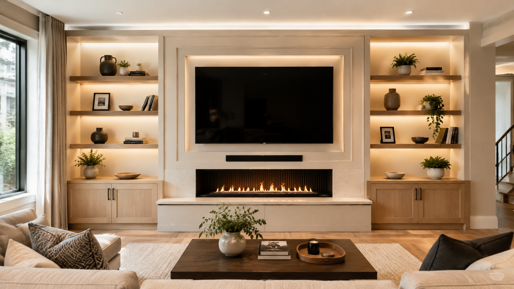 Custom media wall with TV electric fireplace built-in cabinetry shelving and integrated lighting in a Washington DC area home.