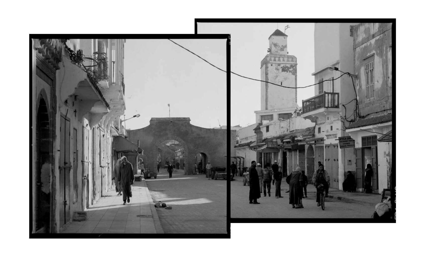Early morning in the medina of Essaouira. Minaret. Morocco. BW negative 6x6