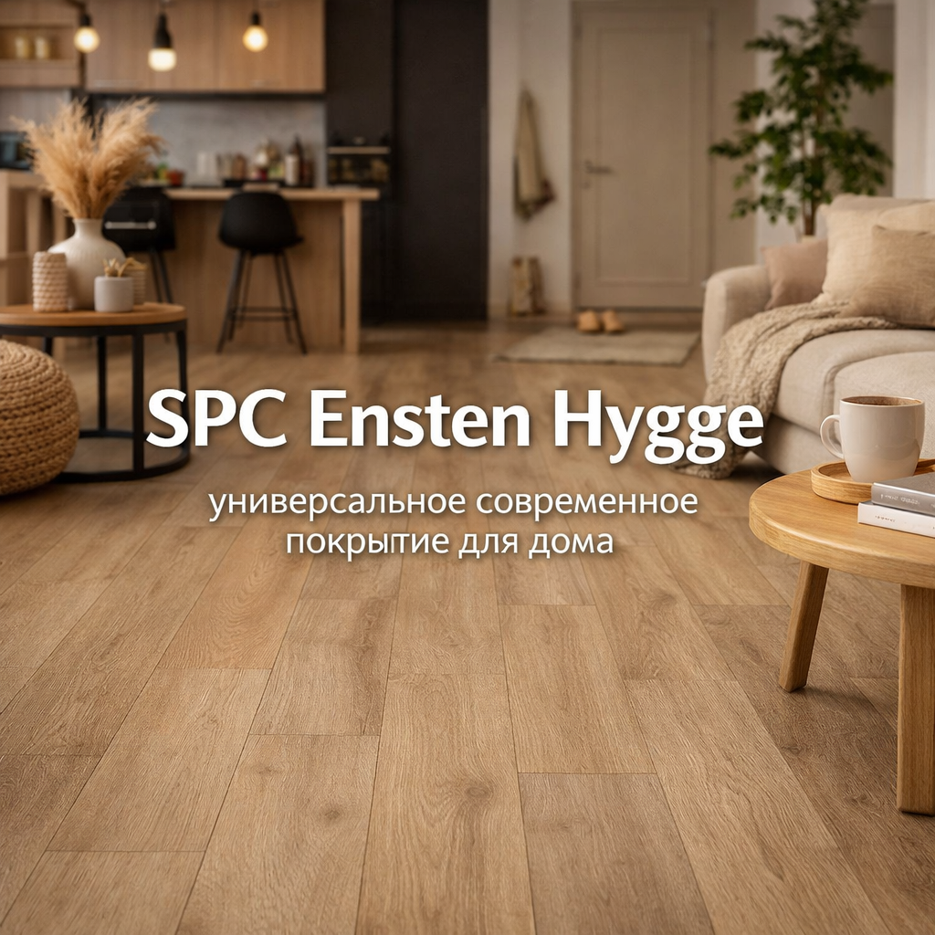 SPC Ensten Hygge — универсальное современное SPC-покрытие для дома, интерьер гостиной с тёплым дубовым полом, надпись по центру изображения