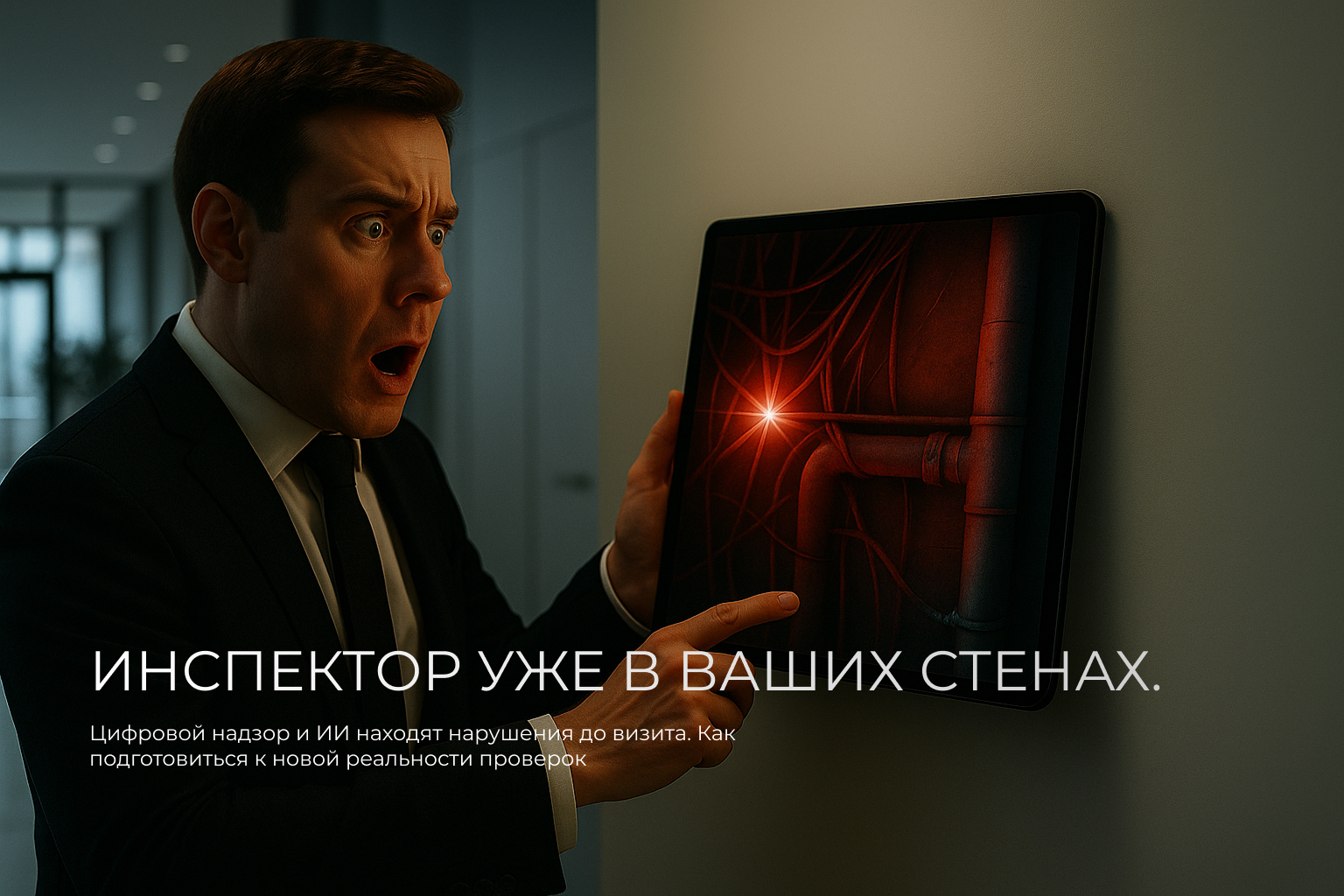 Владелец бизнеса в шоке смотрит на планшет, где в режиме дополненной реальности показаны скрытые нарушения в стенах его офиса: старая проводка и трубы. На экране уведомление: "ТРЕВОГА ИНСПЕКЦИИ: обнаружено 3 критических нарушения", что символизи