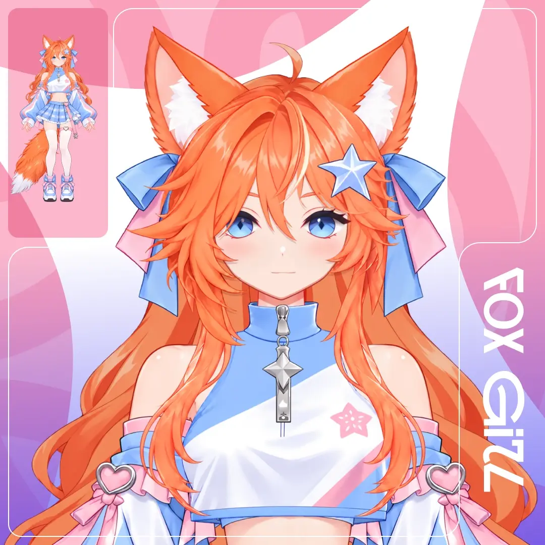VTuber модель лисички-кицунэ с рыжими волосами