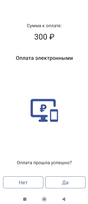 Экран «Оплата электронными» с подтверждением «Оплата прошла успешно?»
