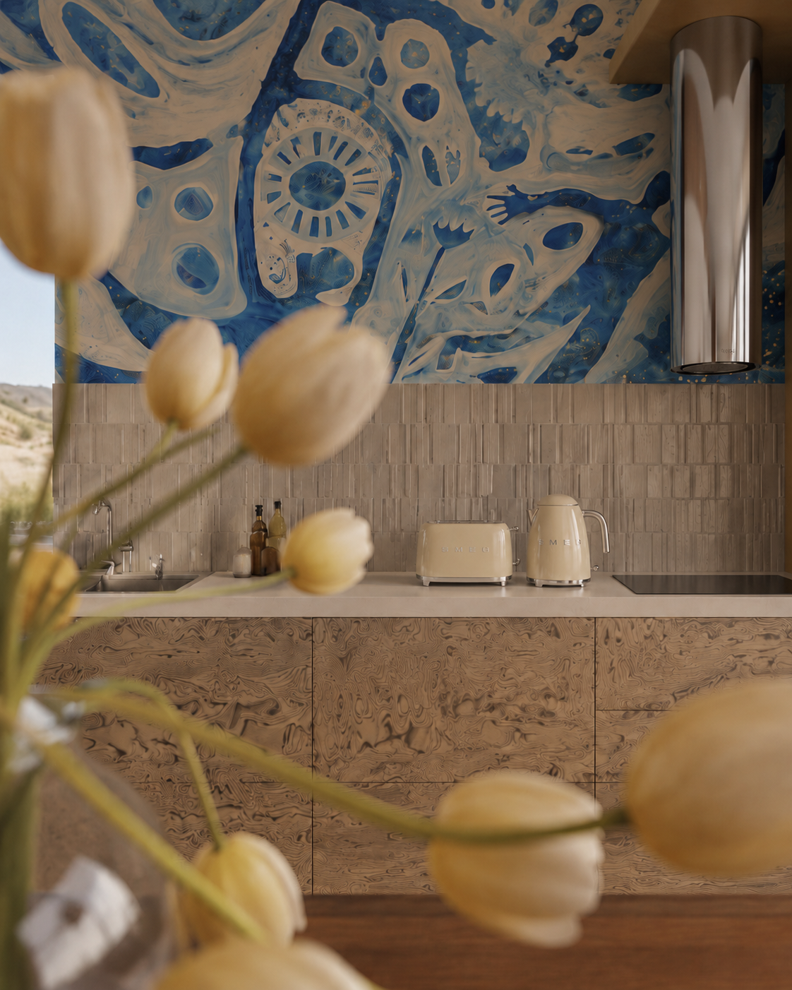 Kitchen wall with blue artwork, warm timber fronts and tulips
