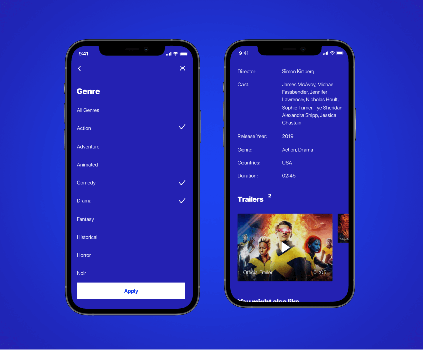 Экраны выбора жанров и информации о фильме