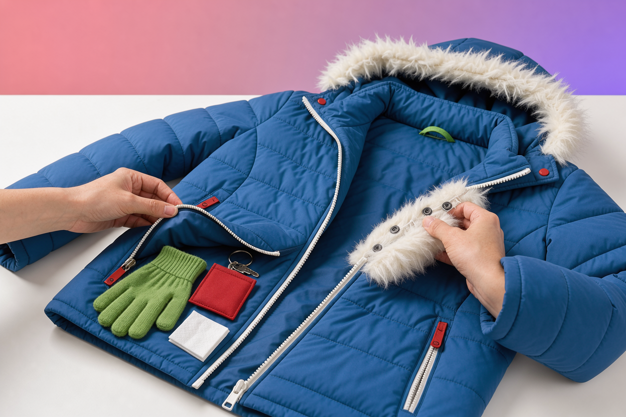 Hands preparing a winter jacket for washing: emptying pockets, unzipping, removing a detachable fur trim, close-up on hands and jacket, no visible detergents