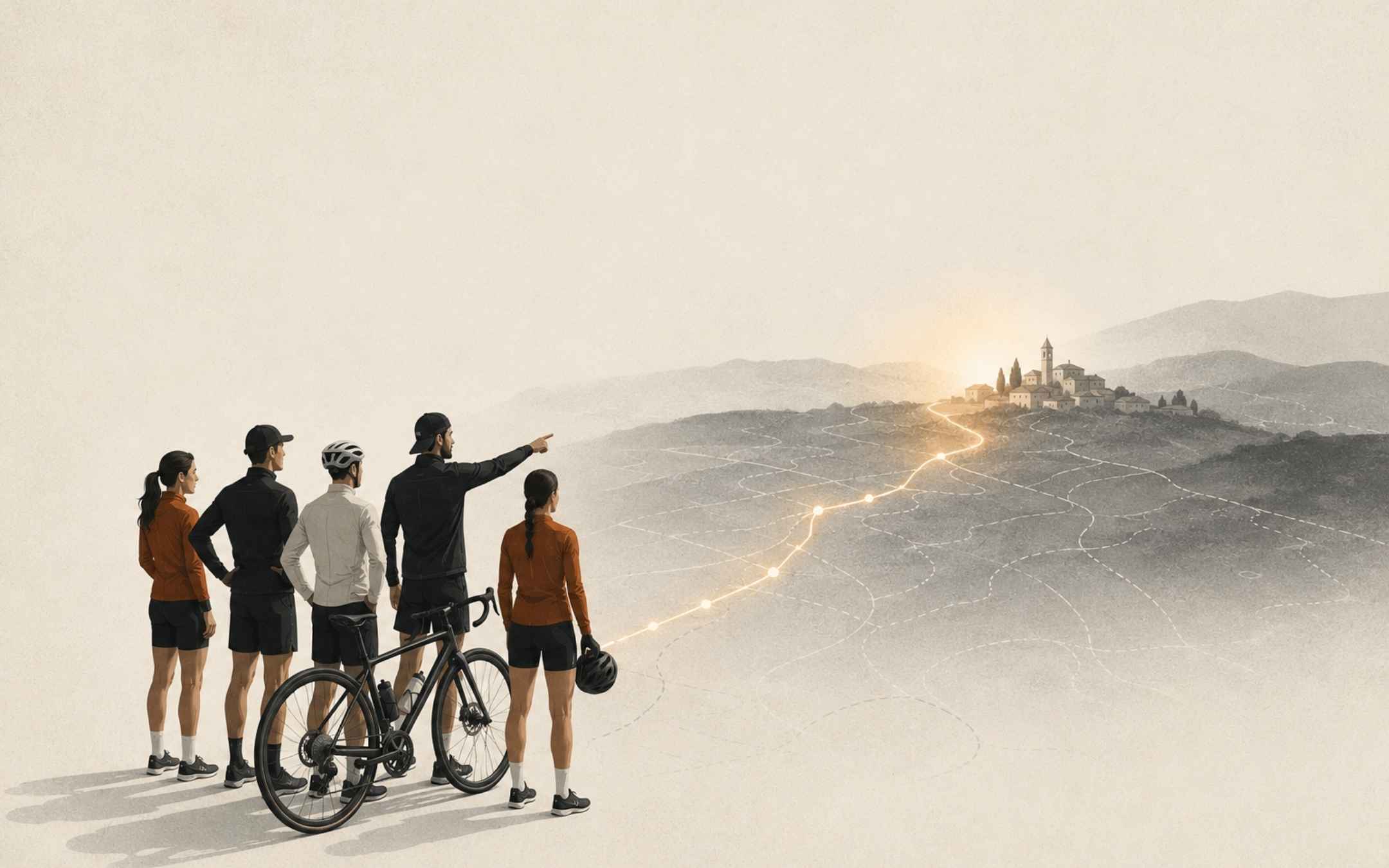 Gruppo di ciclisti e runner osserva un percorso che conduce verso una destinazione.