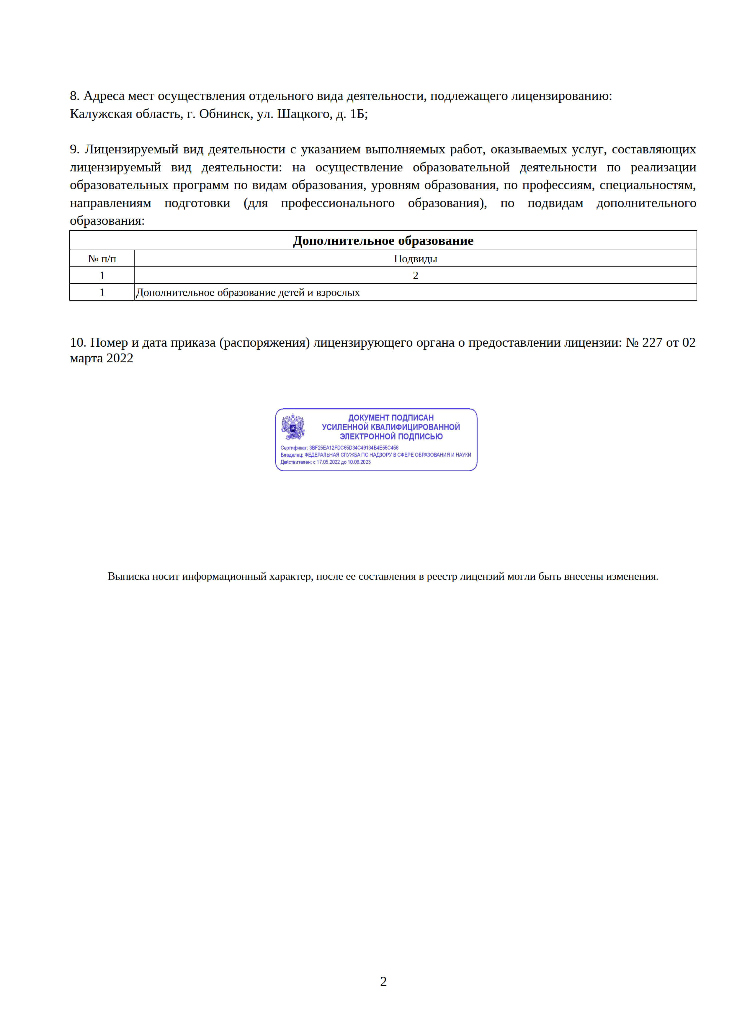 Лицензия на образовательную деятельность Лаборатории будущего. г. Обнинск