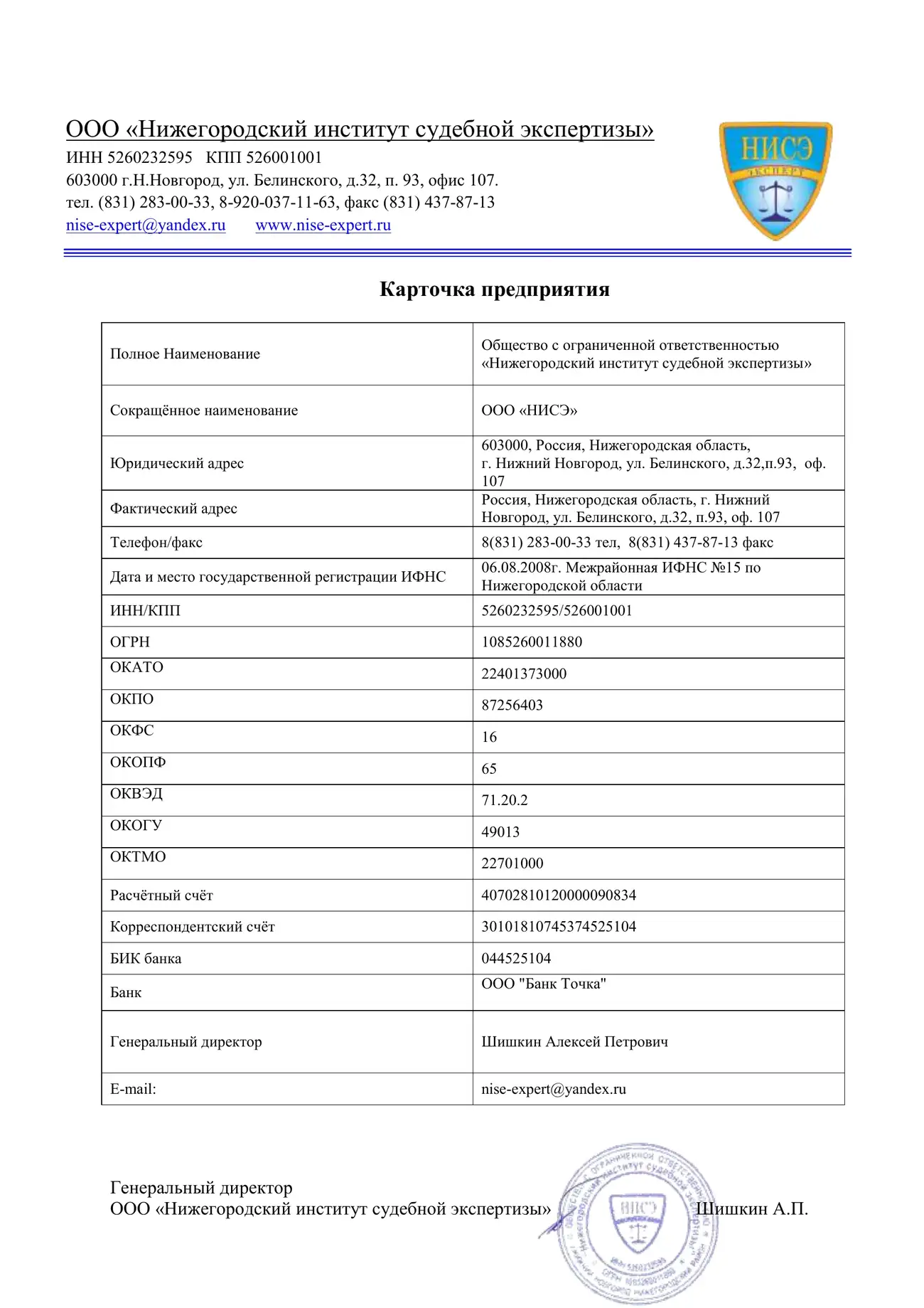 Карточка организации — первая страница документа