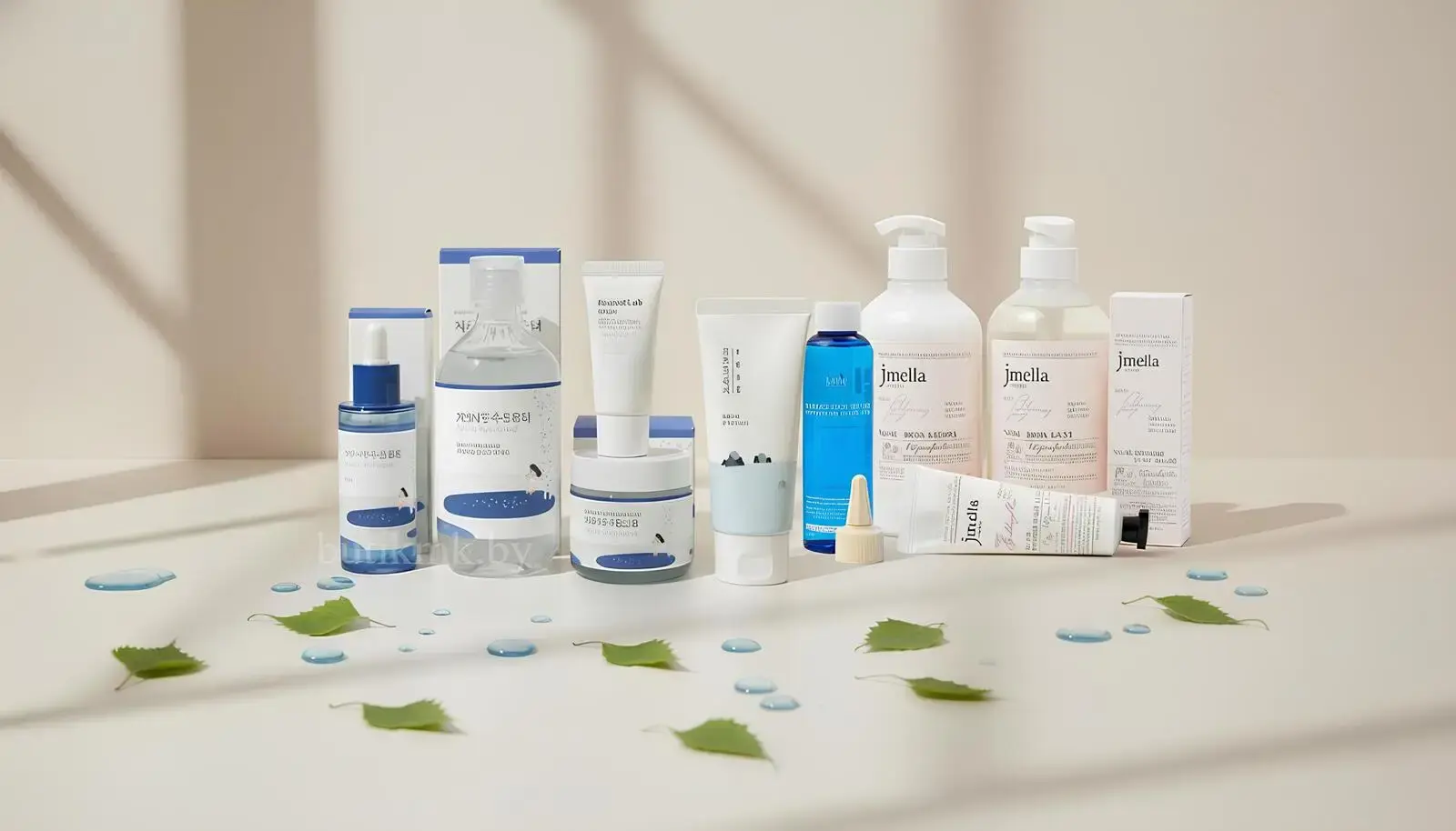 Красивая раскладка корейской косметики Round Lab и Lador на светлом фоне, логотип Butikmk.by