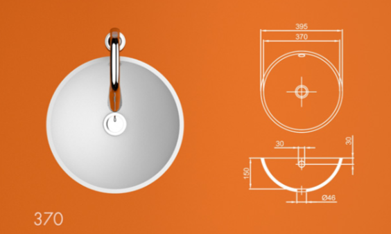 Раковина 370 из акрилового камня, размеры: ширина 370 мм, глубина 370 мм, высота борта 150 мм. Круглая форма, схема параметров и монтажа.