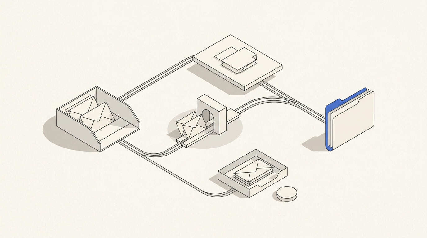 Incoming emails split into different handling paths and a shared correspondence folder.