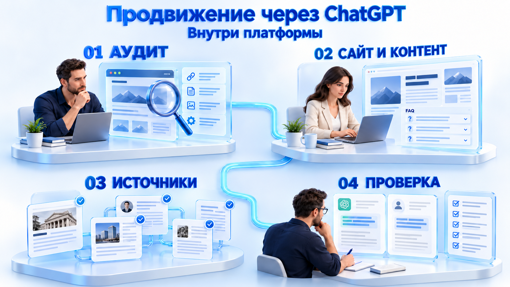 Продвижение через ChatGPT: аудит, доработка сайта и контента, внешние источники, проверка ответов