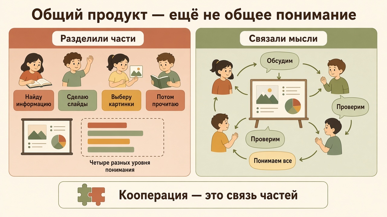 Слева дети разделили части презентации, справа связали мысли и проверяют общий результат