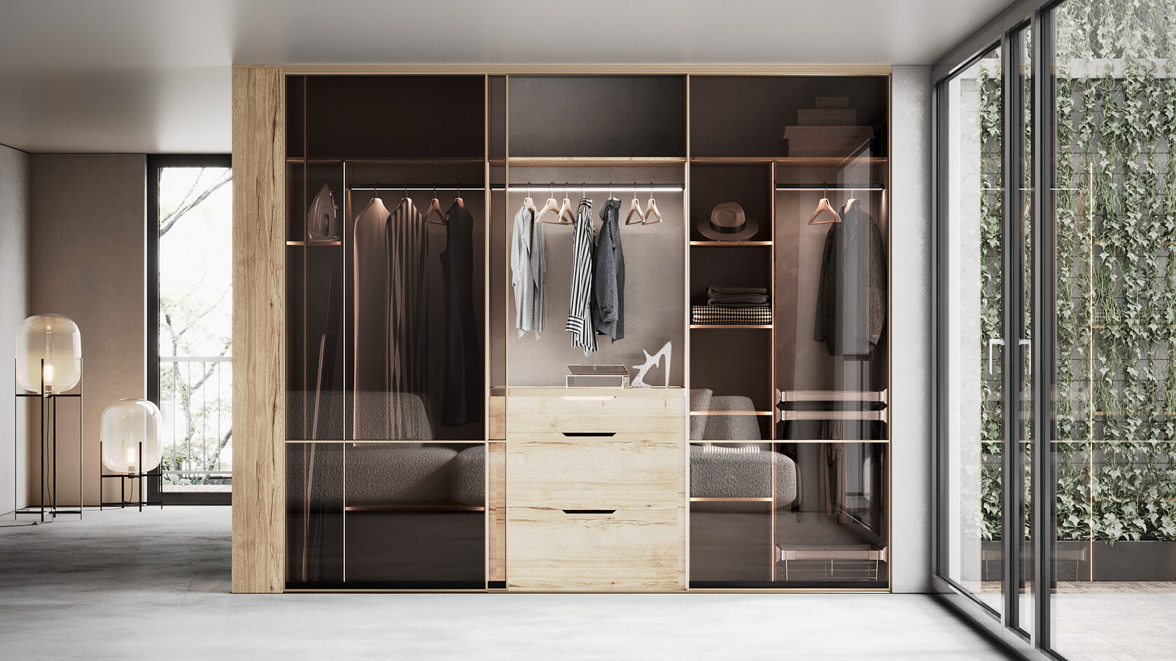 Современный модульный дизайн шкафов в стильную гостиную