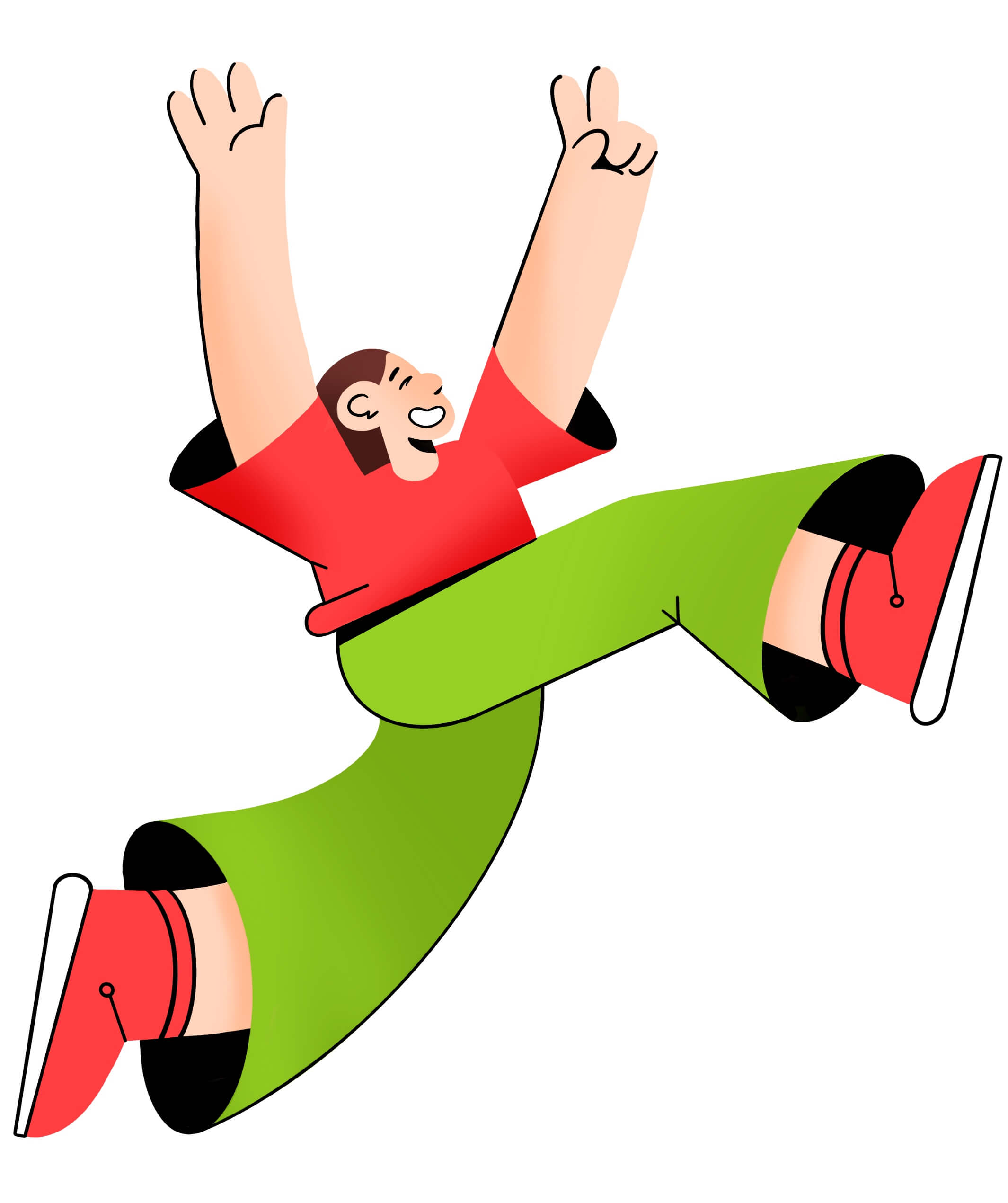Яркая векторная иллюстрация радостного человека в красной футболке и зелёных штанах, прыгающего с поднятыми вверх руками. Динамичный минималистичный стиль, передающий движение и победу