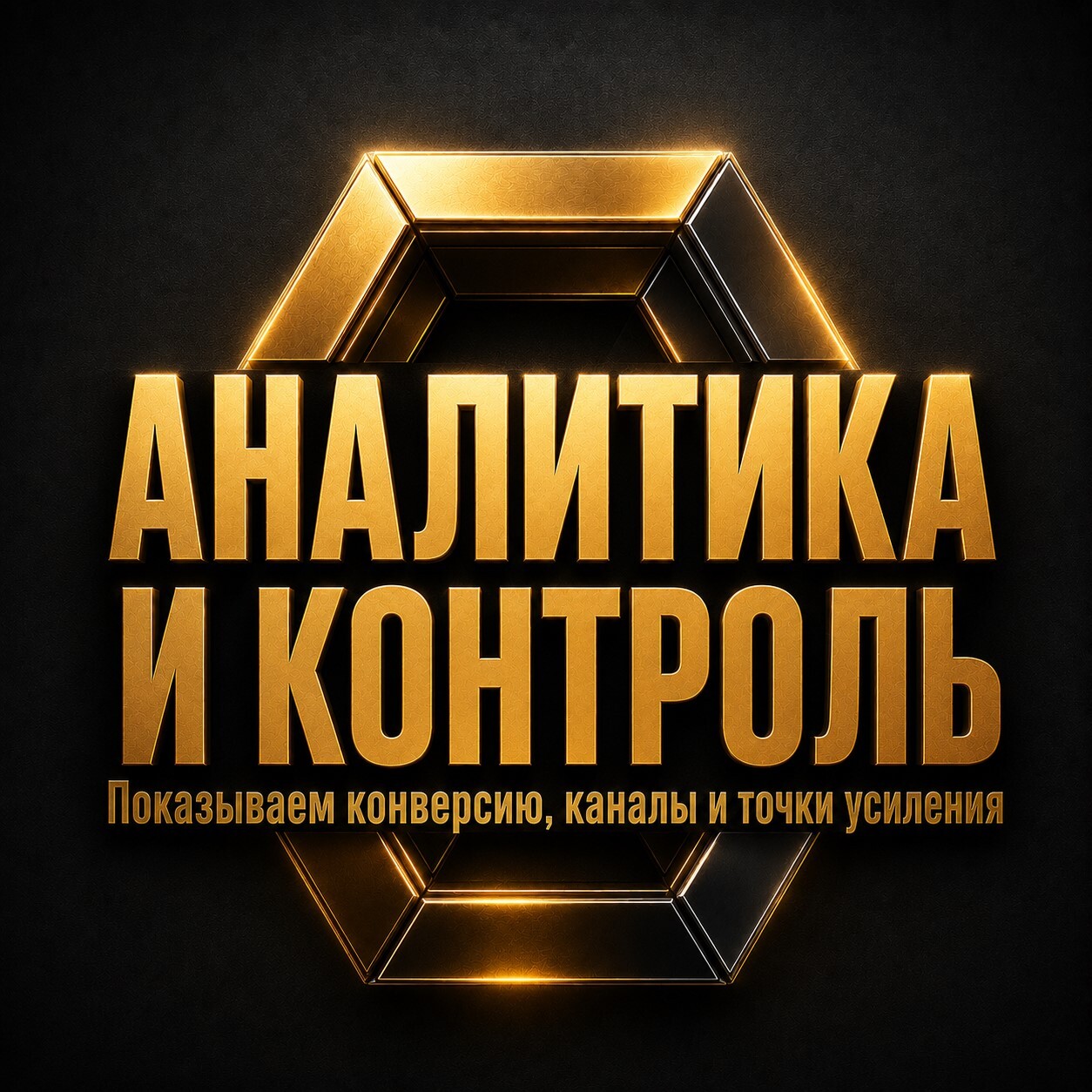 Золотая карточка с надписью «Аналитика и контроль» о показателях конверсии, каналах продвижения и точках усиления.