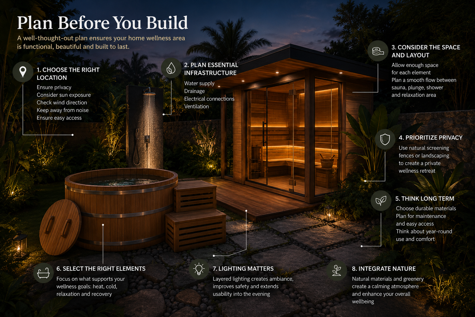 Planning utilities and layout before construction helps create a safer, more functional and easier-to-maintain wellness area. Home wellness area planning infographic covering location, electricity, water, drainage, ventilation, sauna, cold plunge and relaxation space.