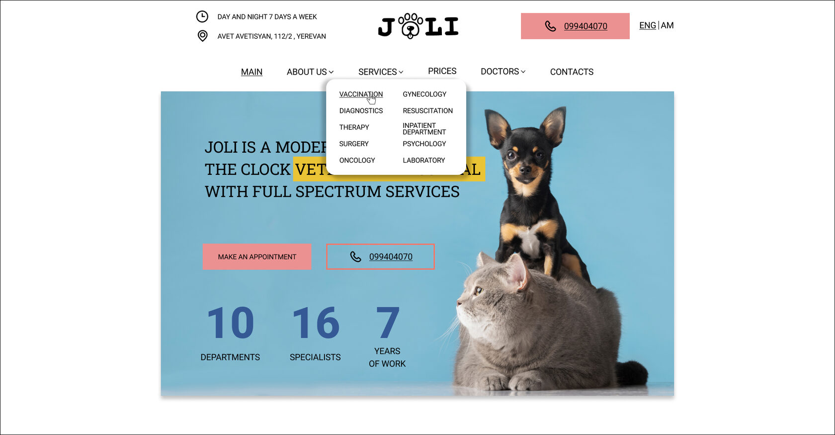 Мокап дизайна сайта ветеринарной клиники, госпиталя Joly. Разработка сайта в Тильда и Фигма. Десктопная версия. Меню.