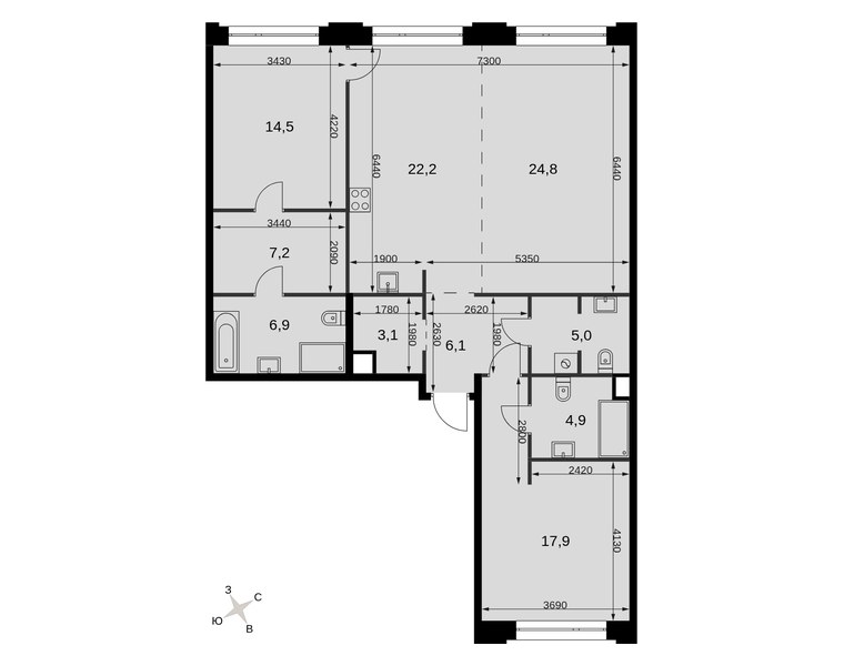 Планировка: 3-комнатная квартира 112,6 м² в ЖК «Сидней Прайм», корпус 3.2, 3-й этаж
