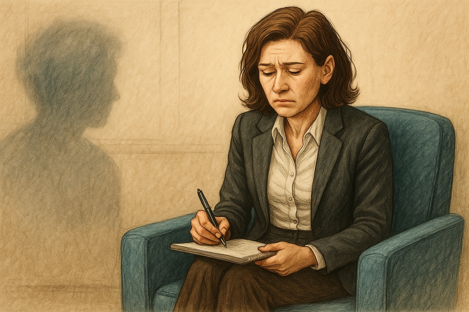 Психолог с блокнотом напротив размывшегося силуэта клиента. Символ эмоционального выгорания и потери контакта
