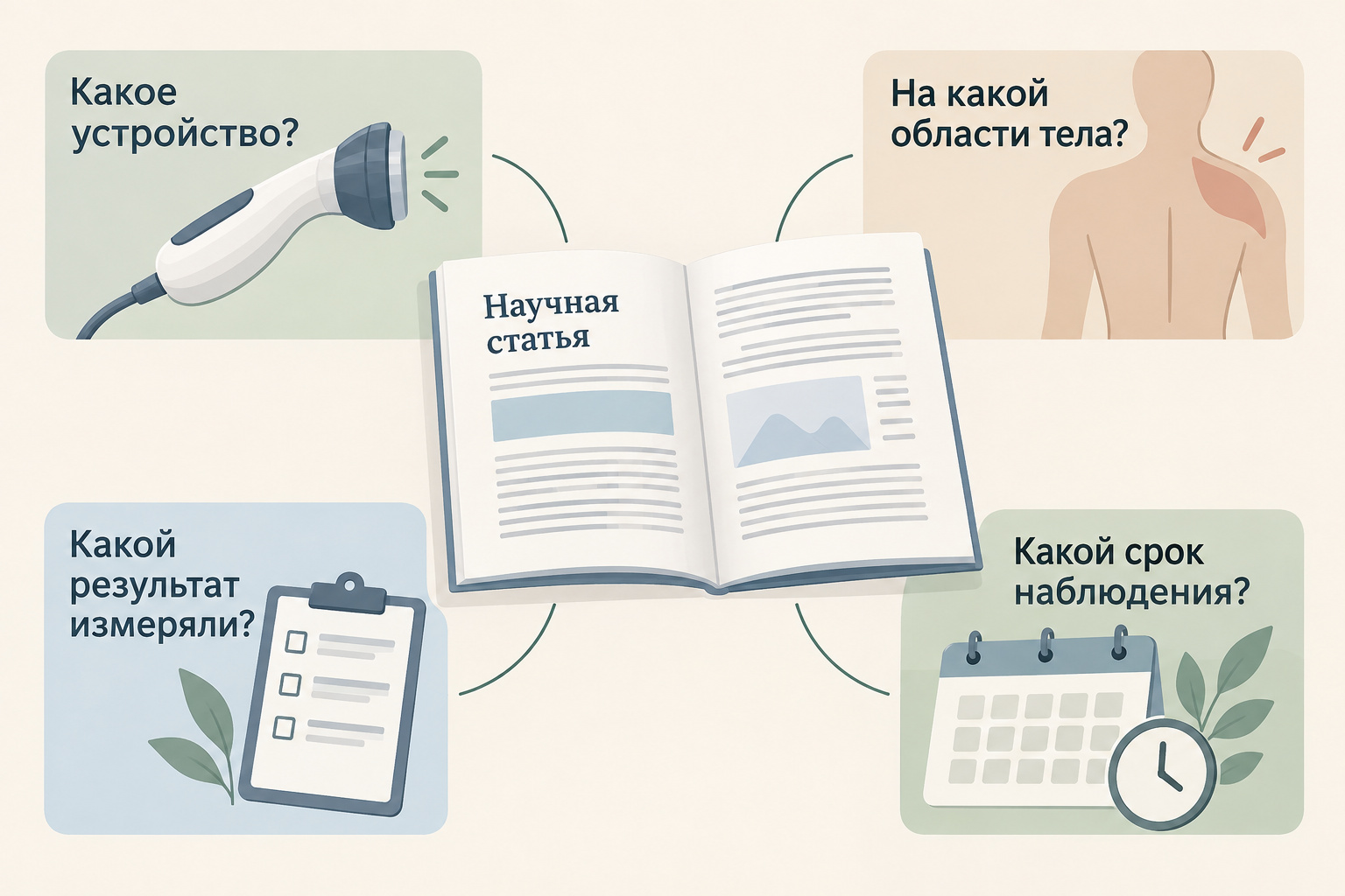 Схема чтения клинического исследования по четырём полям: модель аппарата, зона, измеряемый эффект и срок наблюдения.