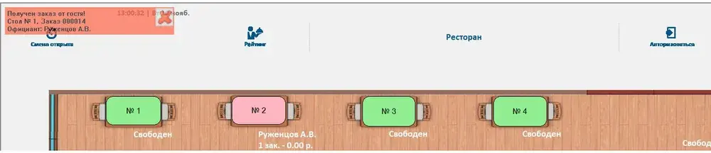 План зала Трактиръ: Front-Office с уведомлением о поступившем заказе