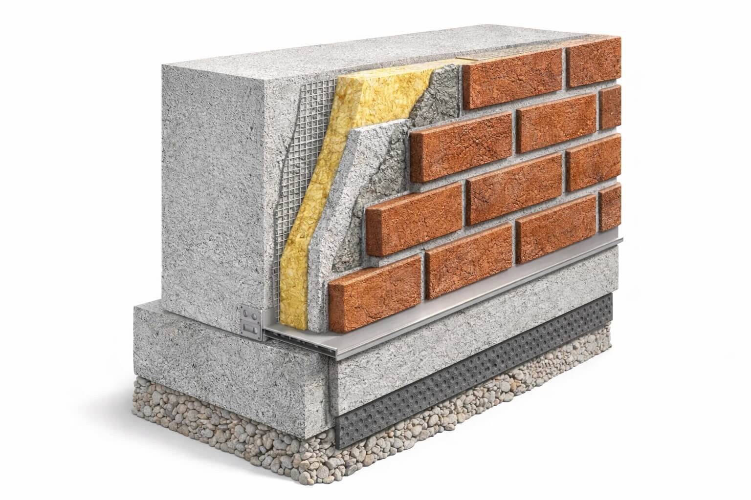 Узел примыкания фасада к цоколю до финишной отделки, слои фасадной системы