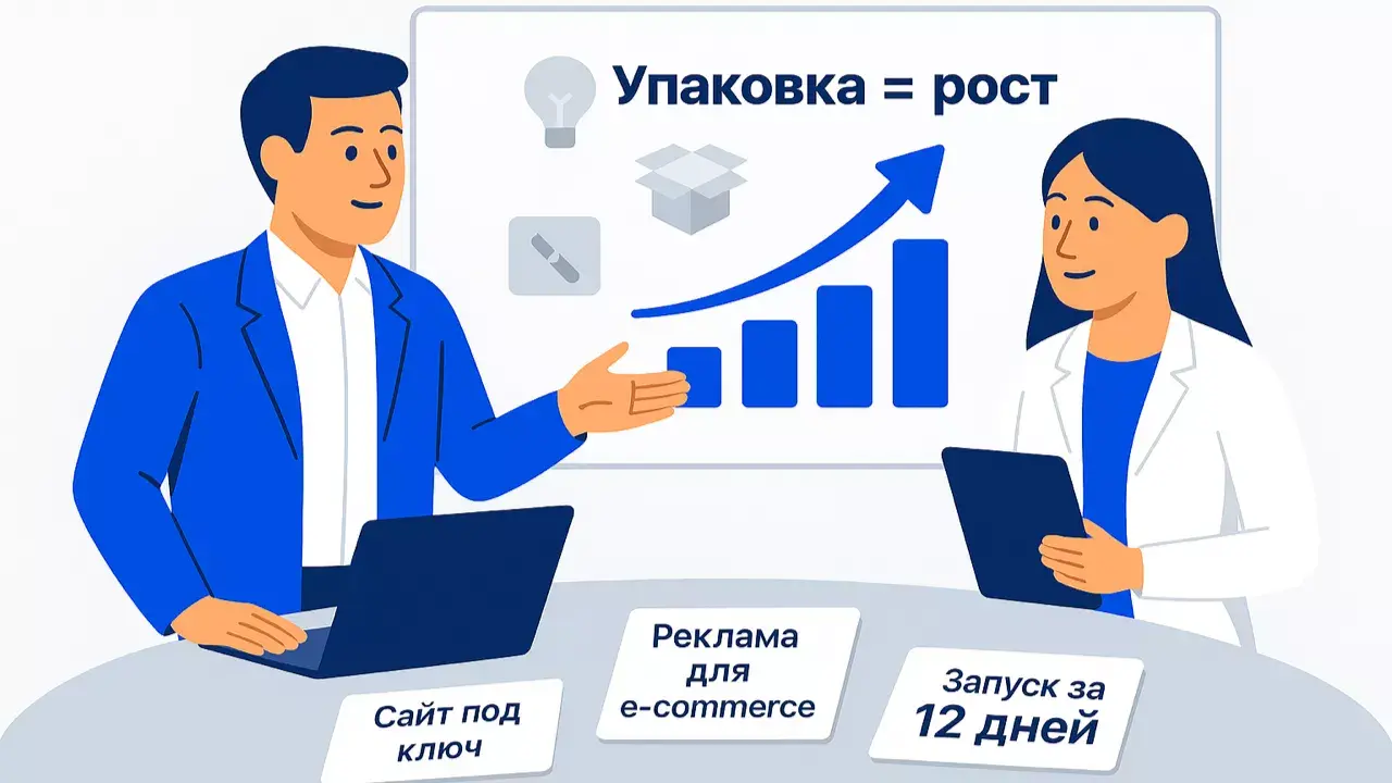 Специалист маркетингового агентства Метриум показывает клиенту результат переупаковки продукта