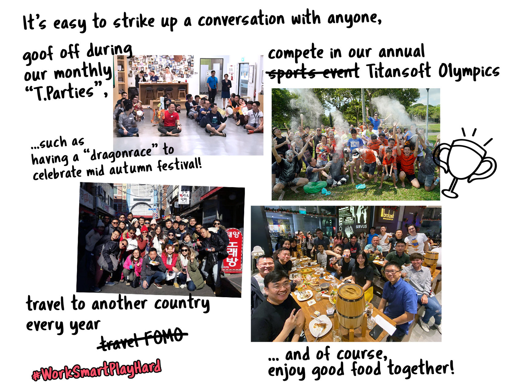 What’s the “Titansoft Culture” like? We call ourselves Producers of Fun, so that pretty much says it all. Our award-winning culture is inclusive - it's easy to strike up a conversation with anyone in office, goof off during our monthly T.Parties, travel to another country every year during our annual company-sponsored overseas trip (no more travel FOMO!), compete in our annual sports event the Titansoft 01ympics, and of course, enjoy good food together! Best Companies to Work For in Asia 2018 &amp; 2019 – HR Asia Singapore’s Best Tech Company to Work For 2017 – Singapore Computer Society Singapore Quality Class with People Niche (2019 - 2021)– Enterprise Singapore Company-wide Agility with Beyond Budgeting, Open Space, &amp; Sociocracy