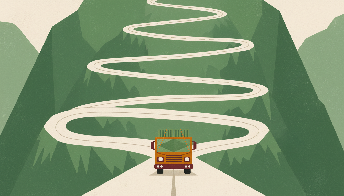 Грузовой автомобиль на извилистой горной дороге с множеством поворотов, ведущей вверх через зеленые холмы и леса, что олицетворяет сложность логистики строй материалов под санкциями     