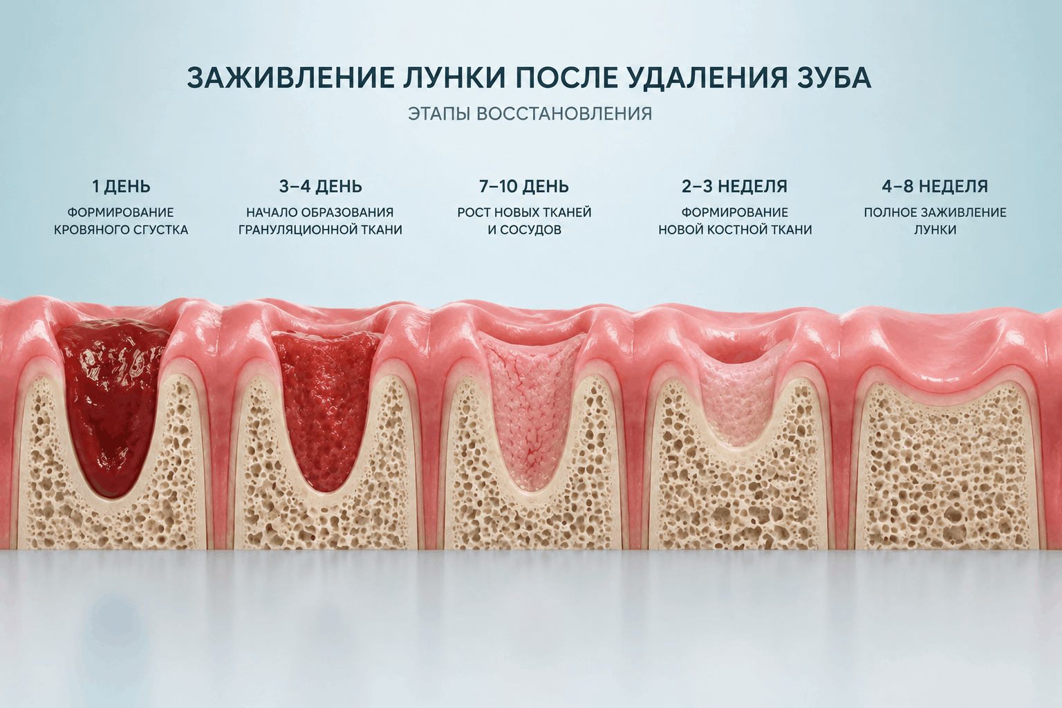 Этапы заживления лунки после удаления зуба