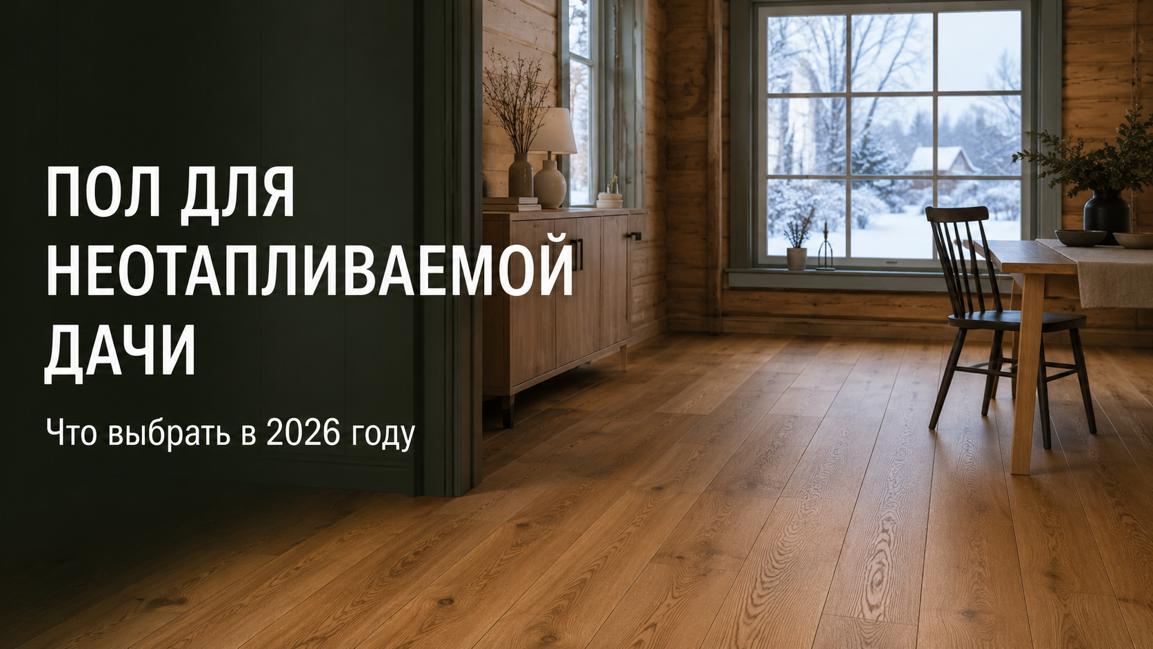 Пол для неотапливаемой дачи: современный интерьер обновлённого деревянного дома напольное покрытие под натуральный дуб и зимний пейзаж за окном.