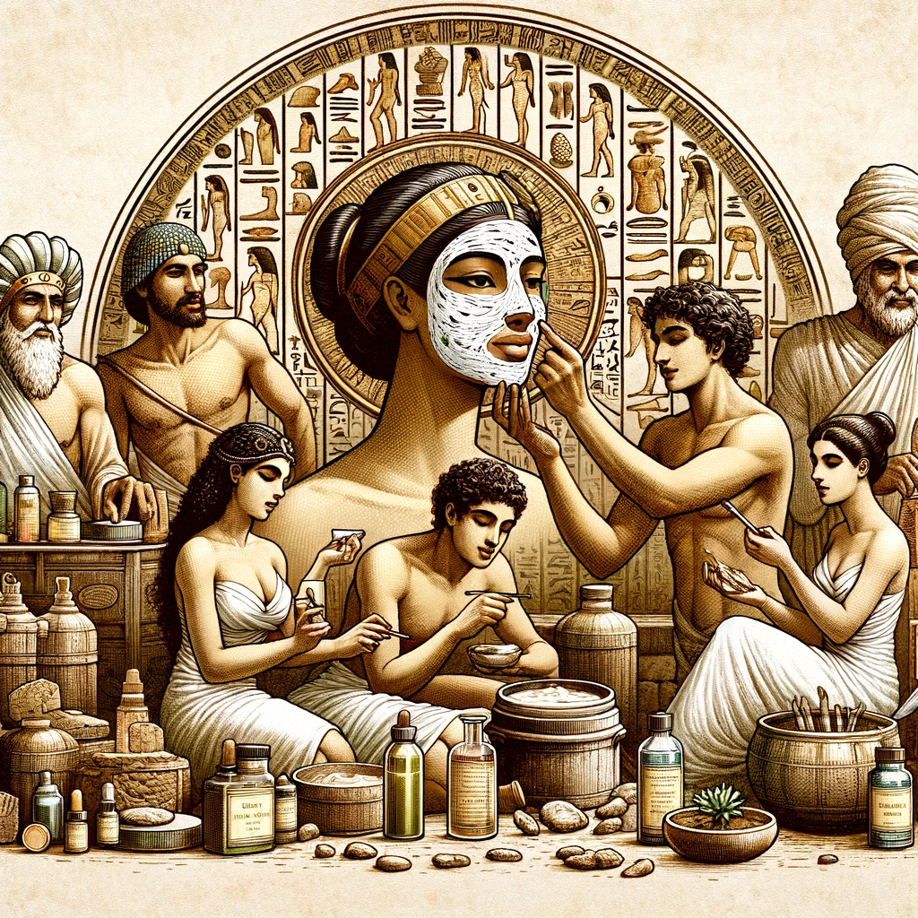 A historical illustration depicting skin care in ancient times, showing how people in Ancient Egypt or Mesopotamia used natural ingredients for cosmetic purposes. The image should feature individuals applying natural cosmetics, such as clay masks, herbal extracts, or oils, reflecting the ancient beauty rituals and practices. This representation should capture the essence of early cosmetology, highlighting the use of organic and natural substances to maintain and enhance skin beauty, suitable for a section dedicated to the history of cosmetology.