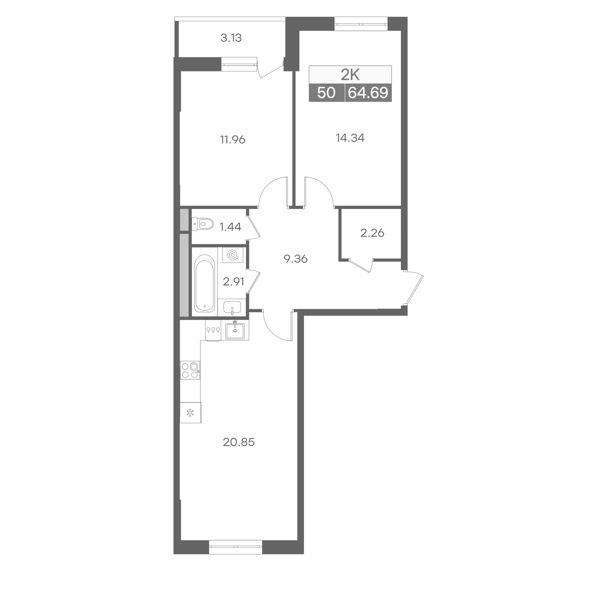 Планировка двухкомнатной квартиры 63.20 м² в доме 15 ЖК Новая Жизнь
